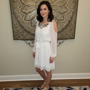 NWT Chelsea & Violet Embellished Cold Shoulder Dress Small White Beads Rhineston